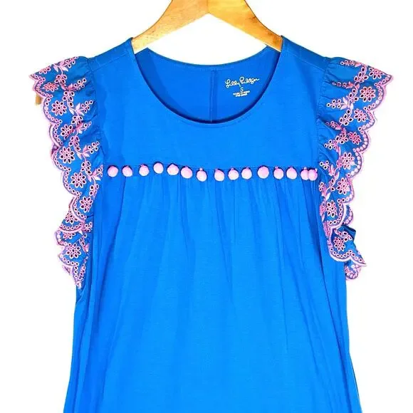 LILLY PULITZER Women’s Ave dress Blue with Pink Ruffle Eyelet small - Picture 5 of 6